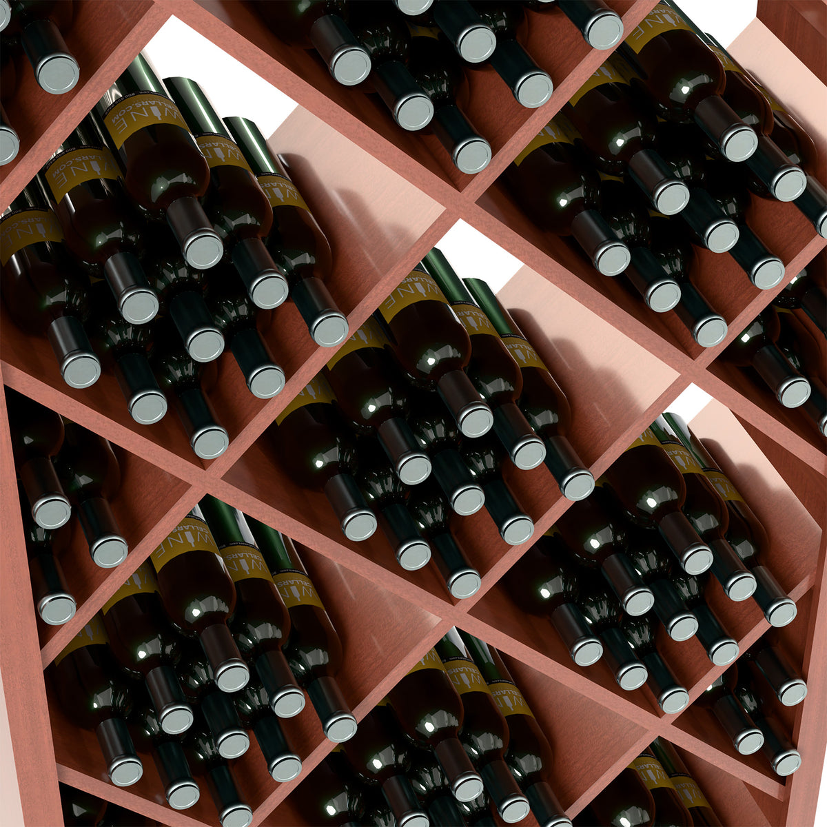 Wine bottle storage cabinet interior with crisscross slots and dark green bottles