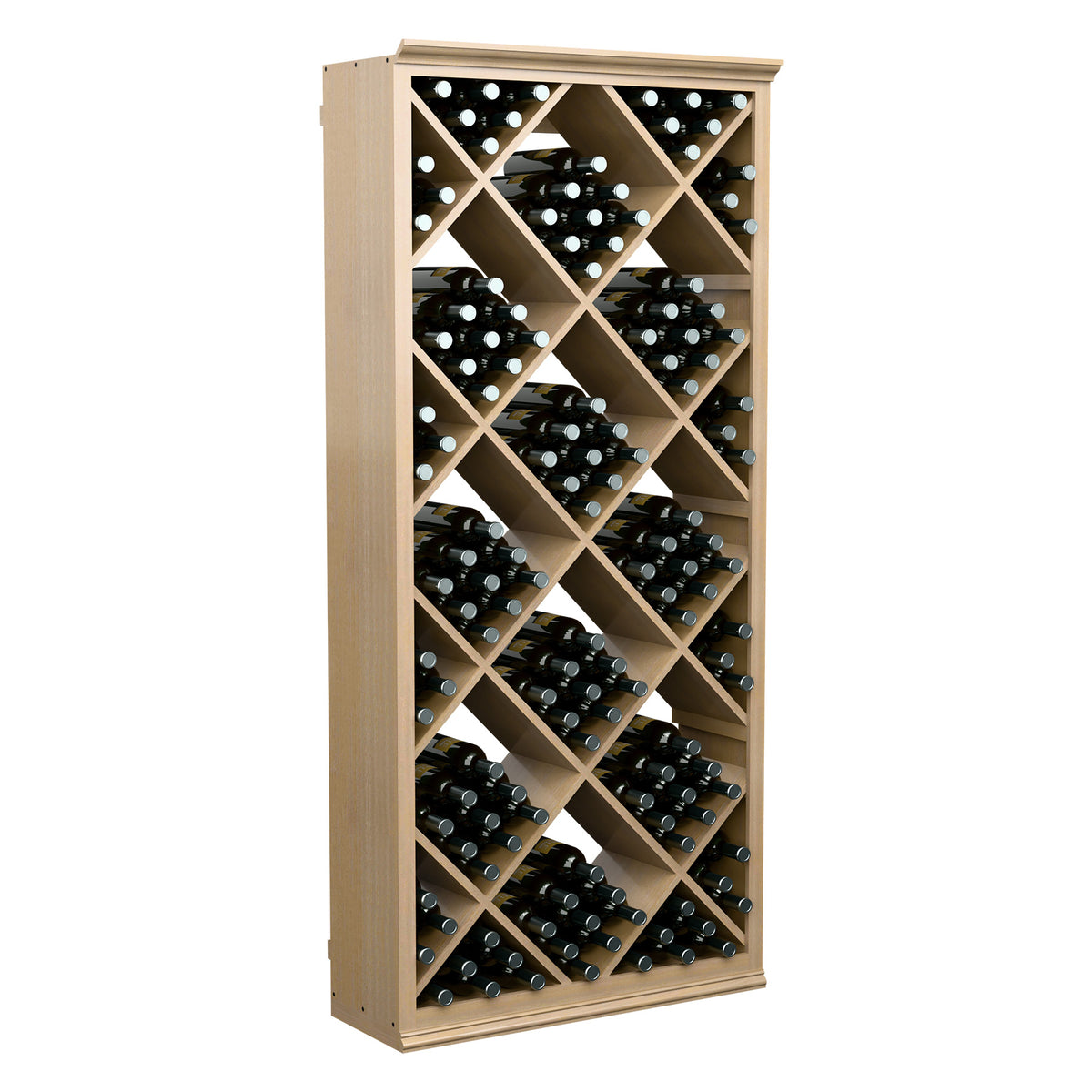 6-ft wine storage bin, diamond-grid bottle slots, light wood frame, open front