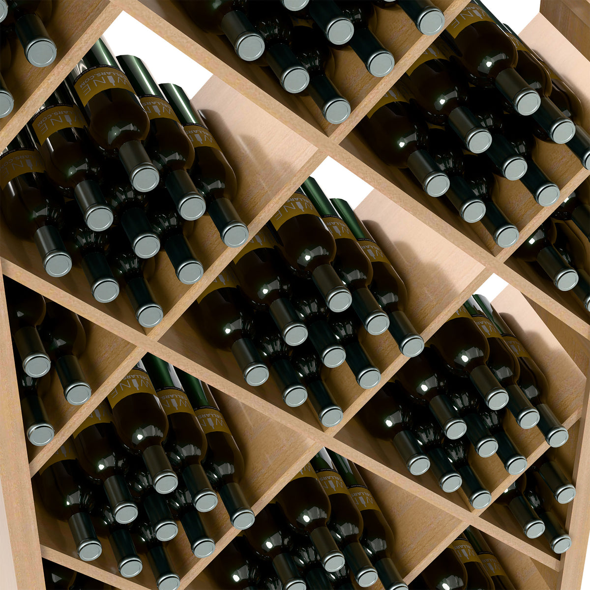 Wine storage bin closeup with diamond-grid wooden cells holding bottles