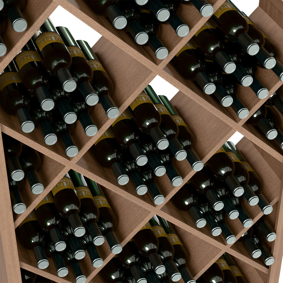 Diamond-grid wooden wine rack closeup showing bottle rows in each cell