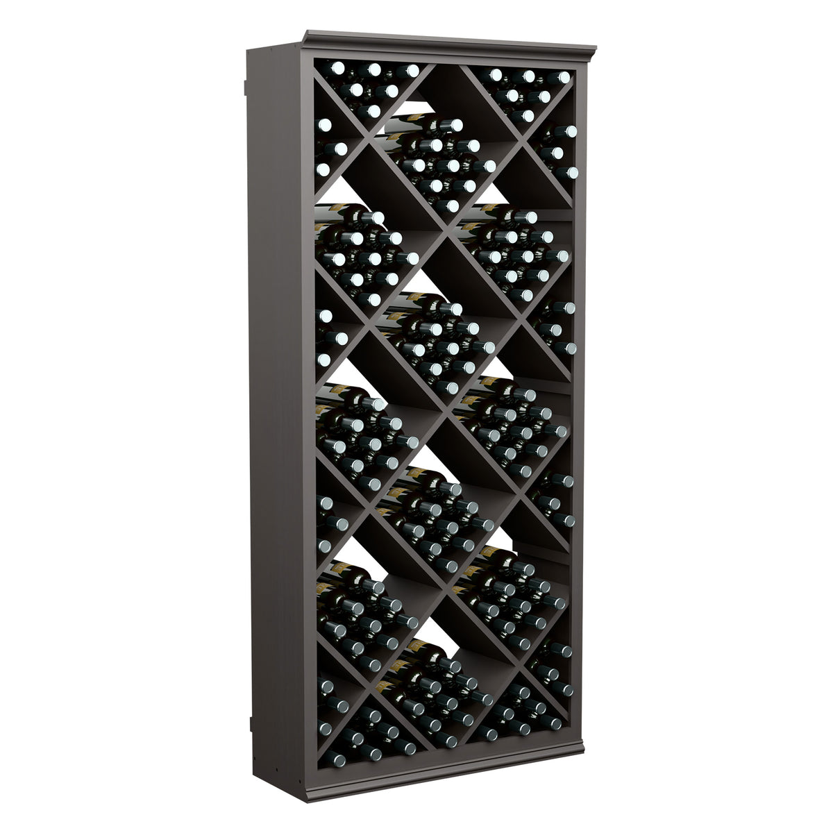 6-ft wine storage bin, diamond-grid bottle slots, dark wood frame, open front
