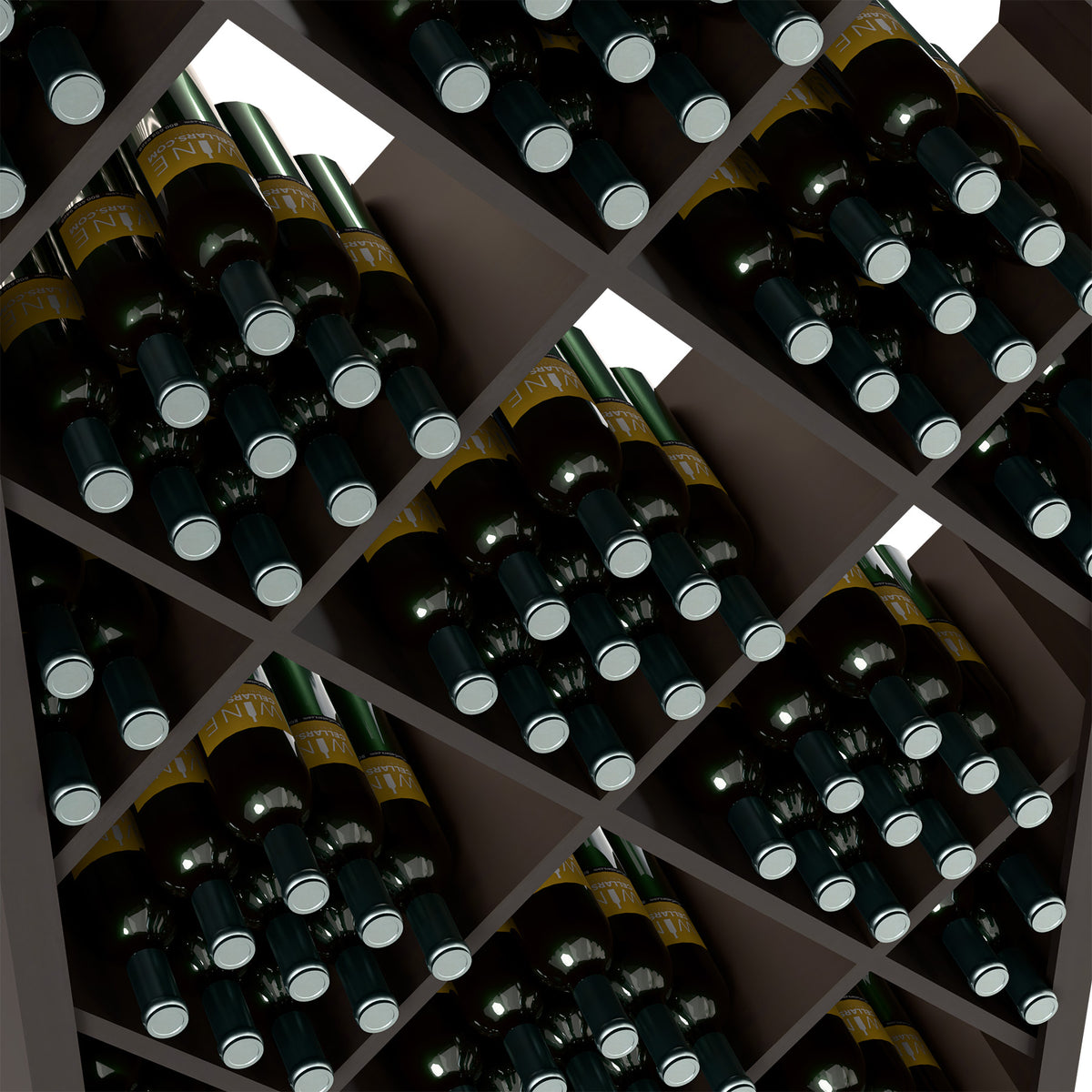 Diamond-grid wine rack closeup with bottles in dark wooden cells