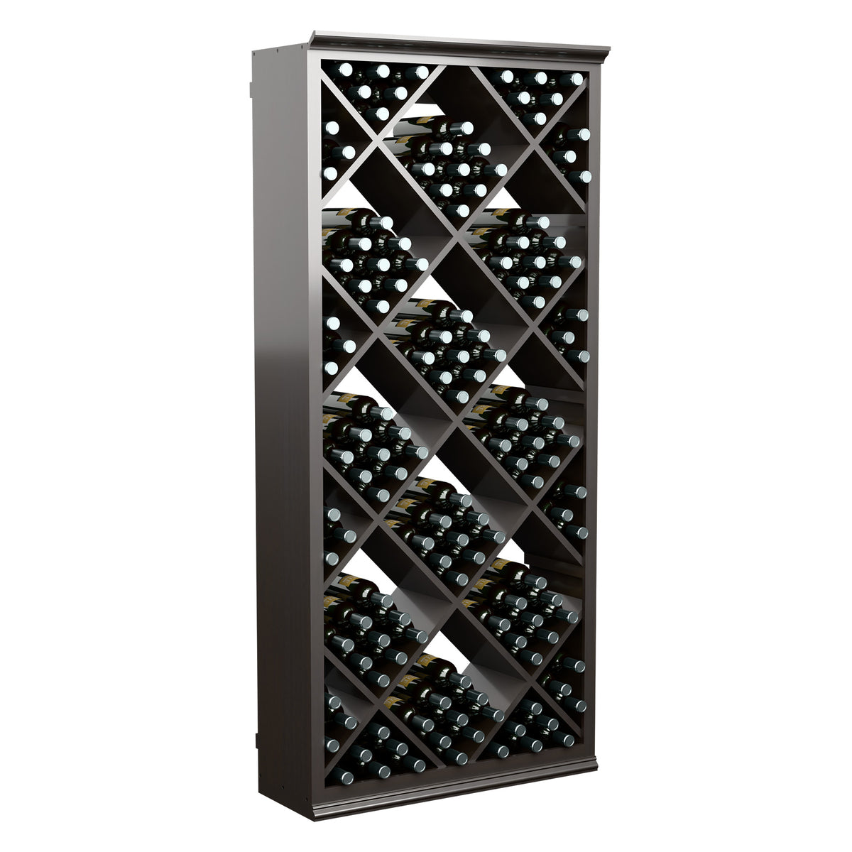 Tall wine storage bin with diamond-grid bottle slots and dark wood frame