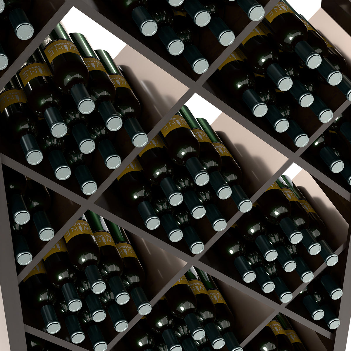 Diamond-grid wine rack closeup showing bottle rows in dark wooden compartments