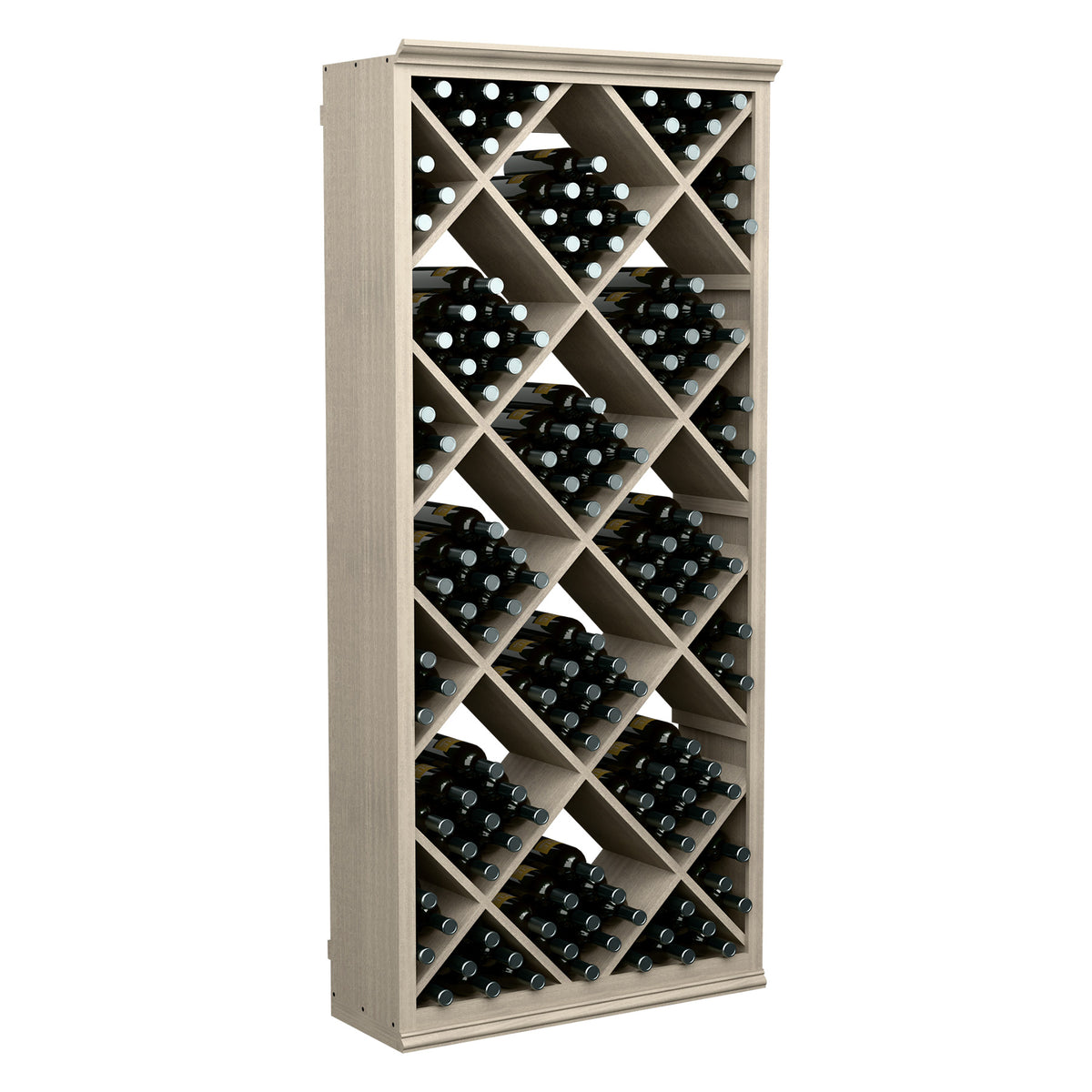 Wine storage bin with diamond lattice shelves holding multiple dark bottles