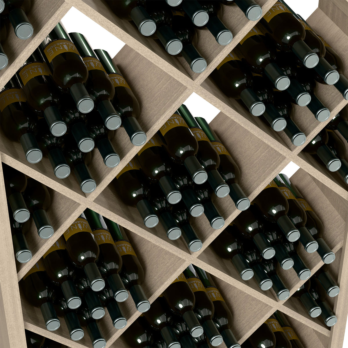 Diamond lattice wine storage with rows of dark bottles and silver caps