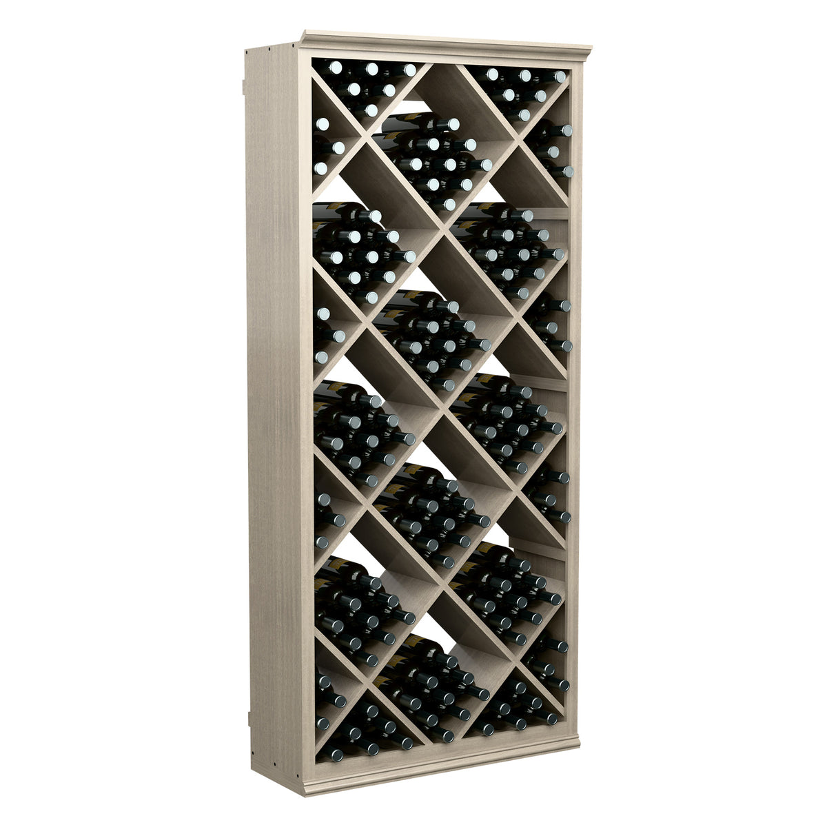 Wine storage bin with diamond lattice interior and bottles secured in each slot