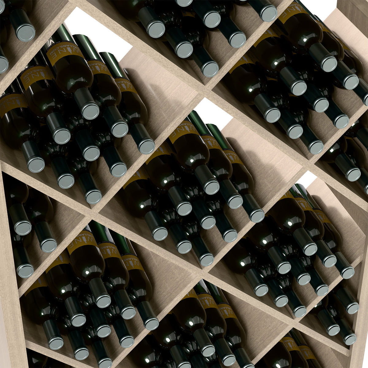 Close-up of diamond lattice wine rack holding dark bottles with silver caps