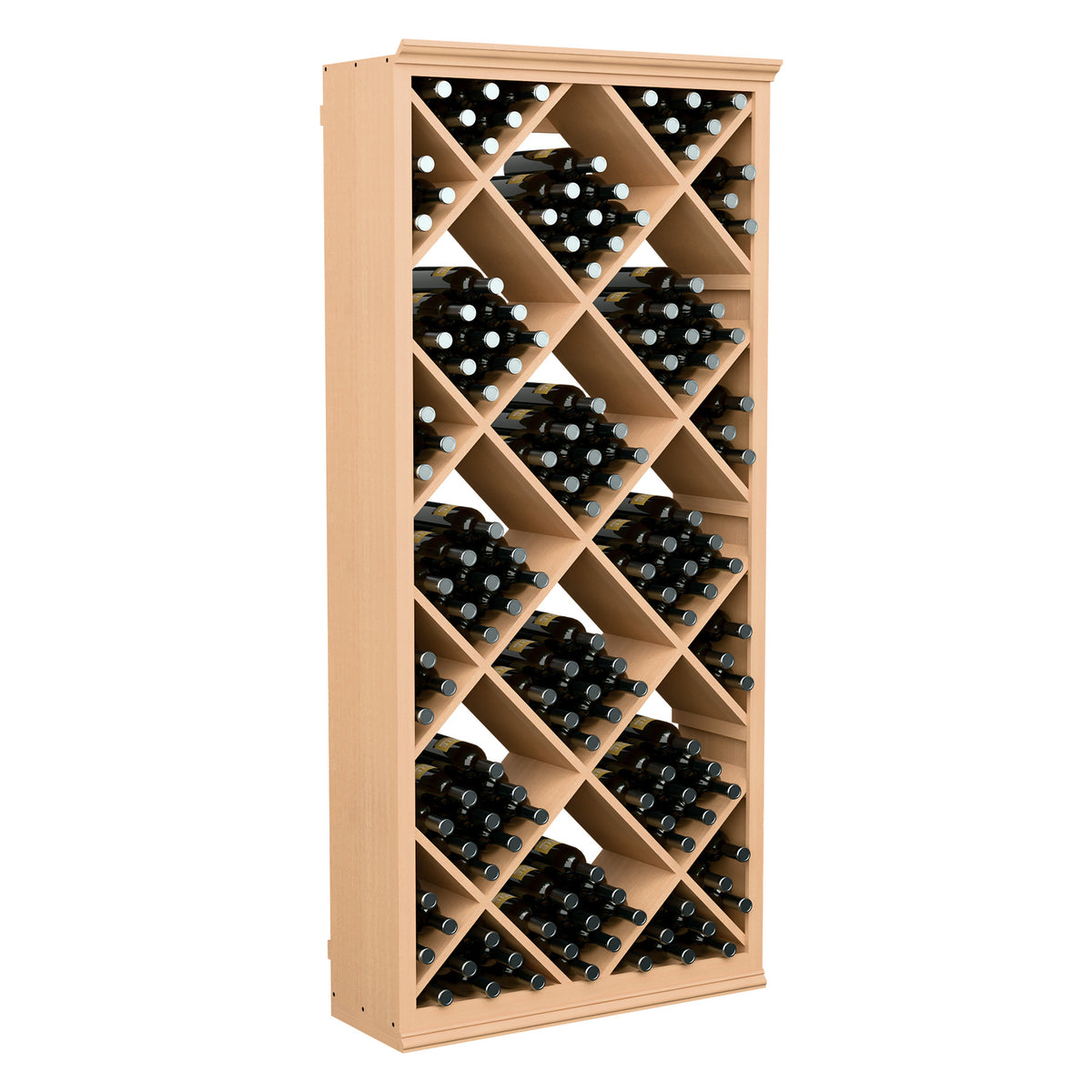 Light wood wine storage bin with diamond lattice shelves and dark bottled wine