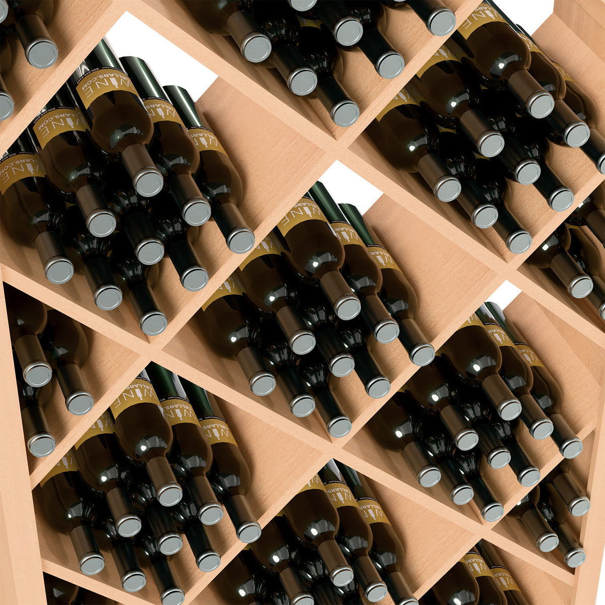 Diamond lattice wine rack close-up in light wood with rows of dark bottles