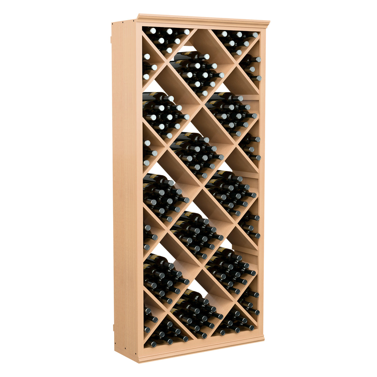 Light wood wine storage bin featuring diamond lattice and multiple dark bottles