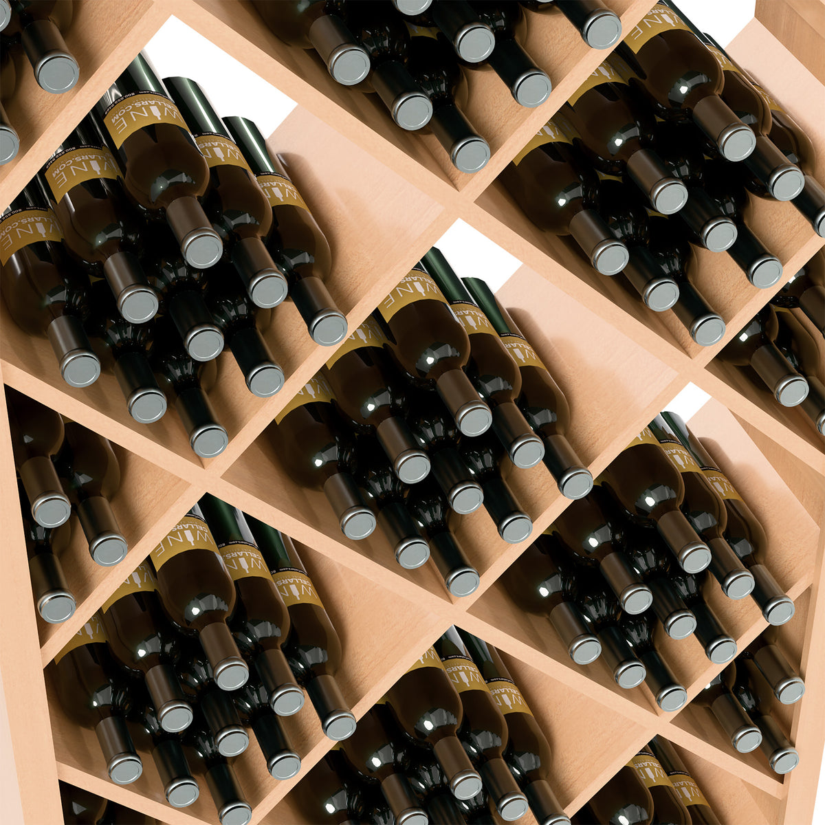Close-up of light wood diamond lattice wine rack with dark bottles and caps
