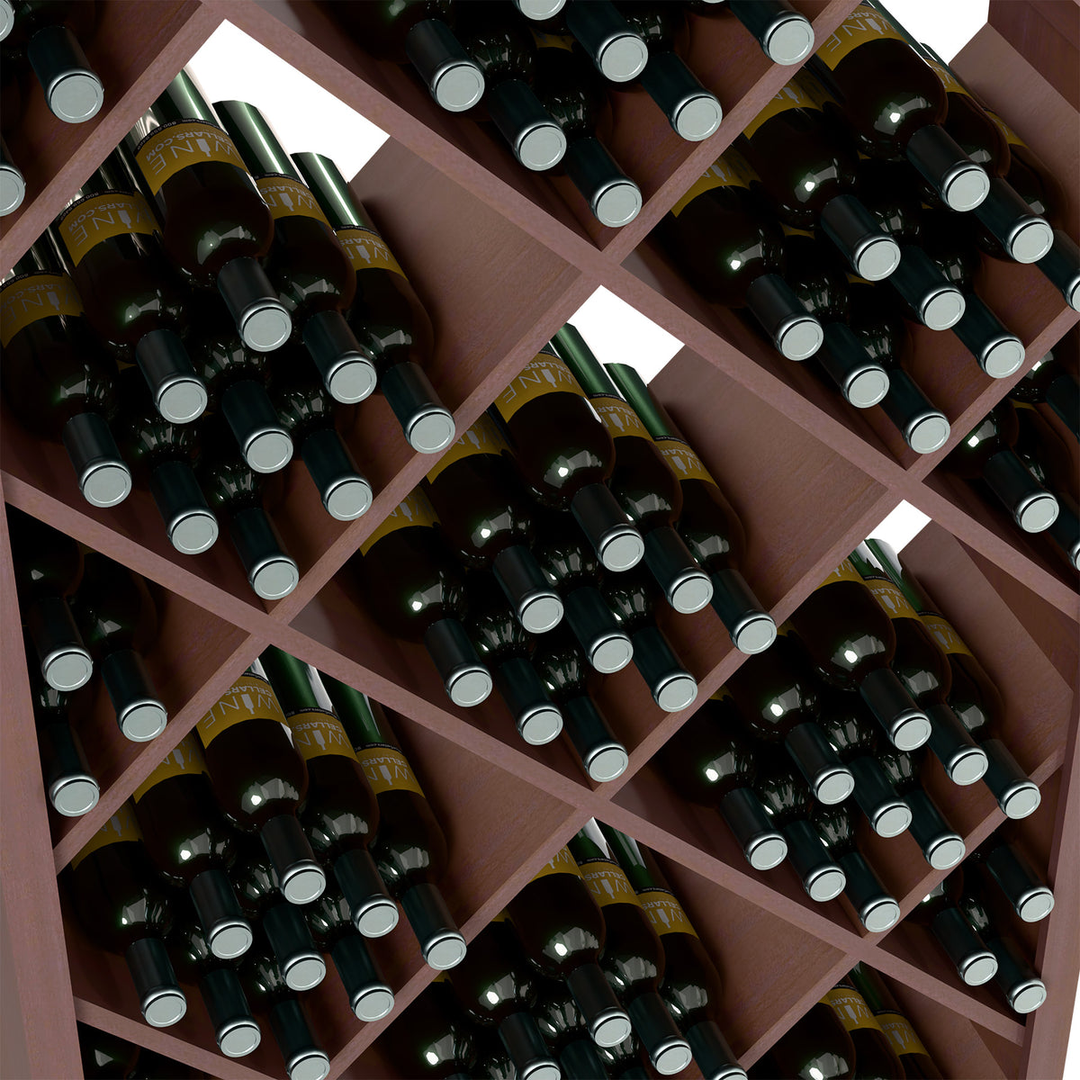 Close-up of dark-stained diamond lattice wine rack with rows of dark bottles