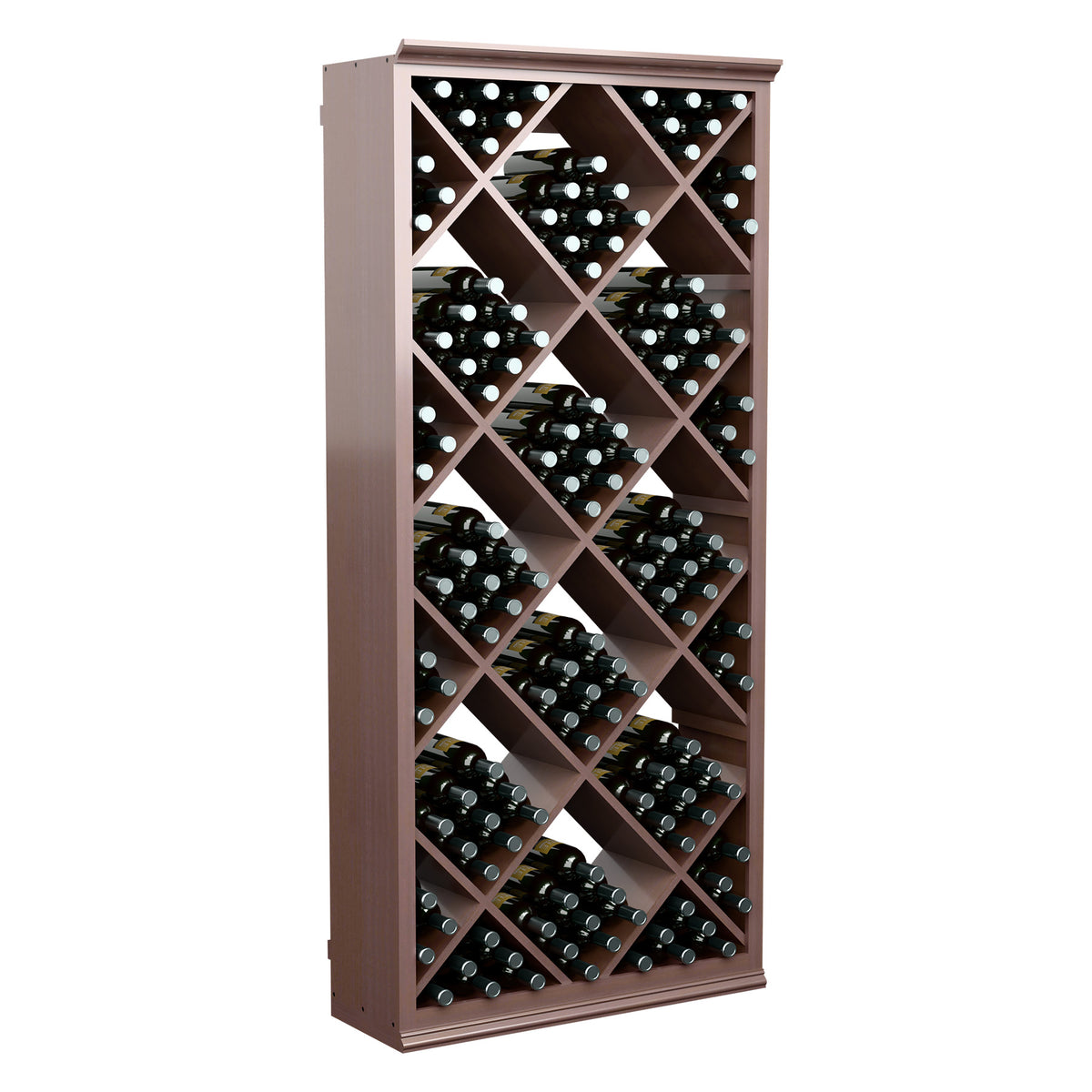 6FT wine storage bin with diamond lattice, filled bottle slots, dark stained wood frame
