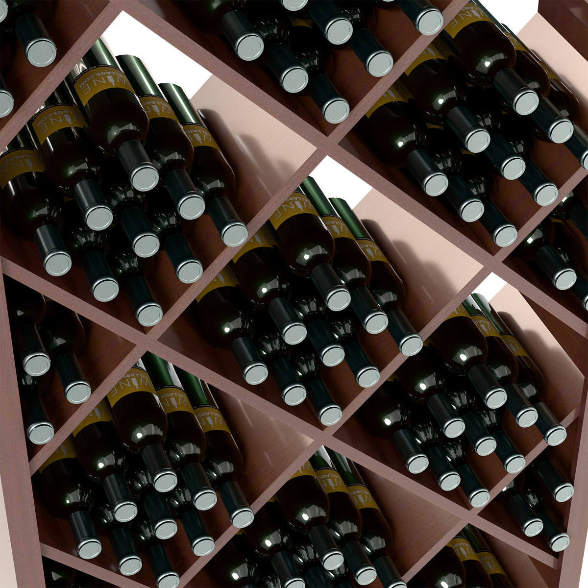Wine bottles in diamond lattice bottle slots inside a dark wood 6FT storage bin