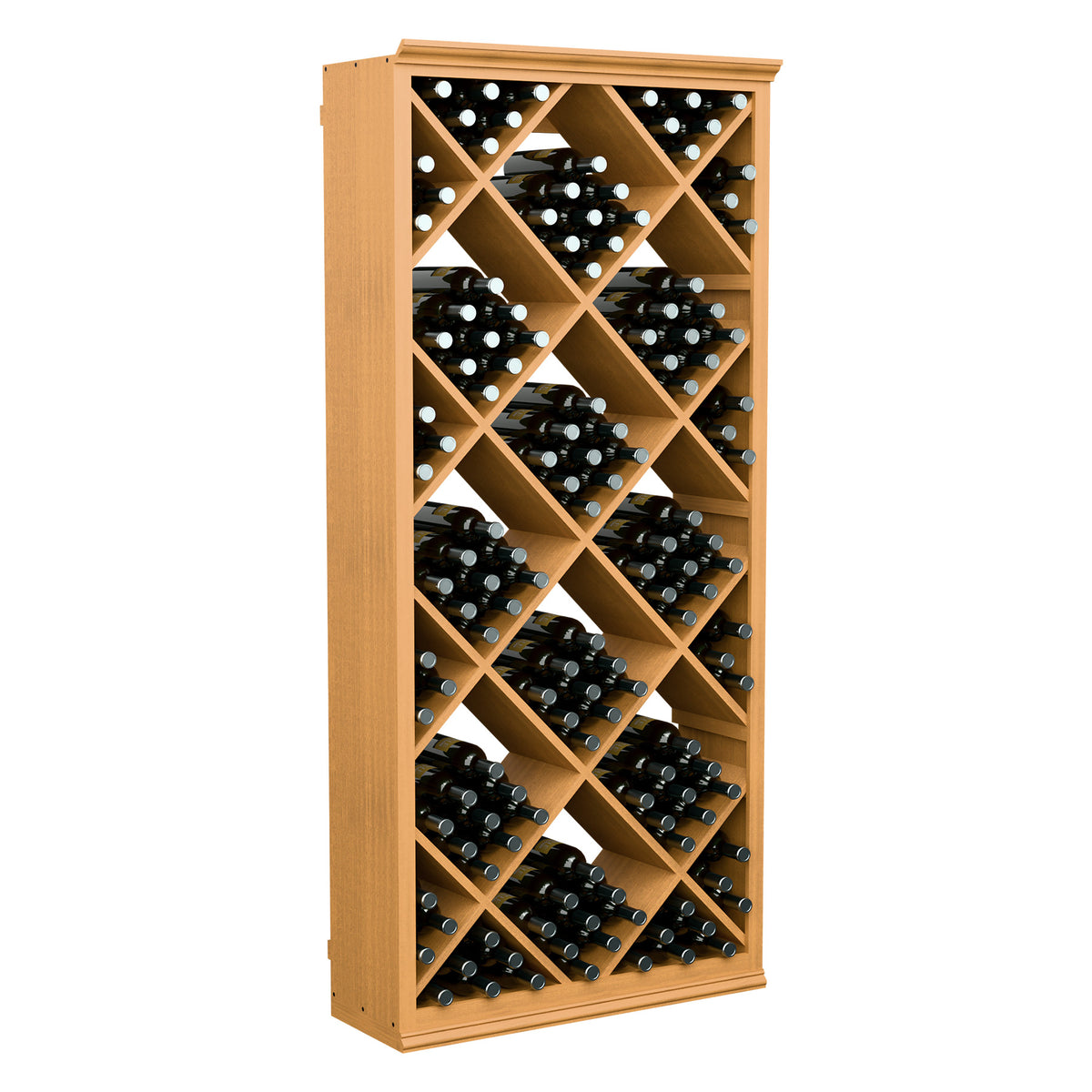 6FT wine storage bin with diamond lattice, filled bottle slots, light natural wood frame