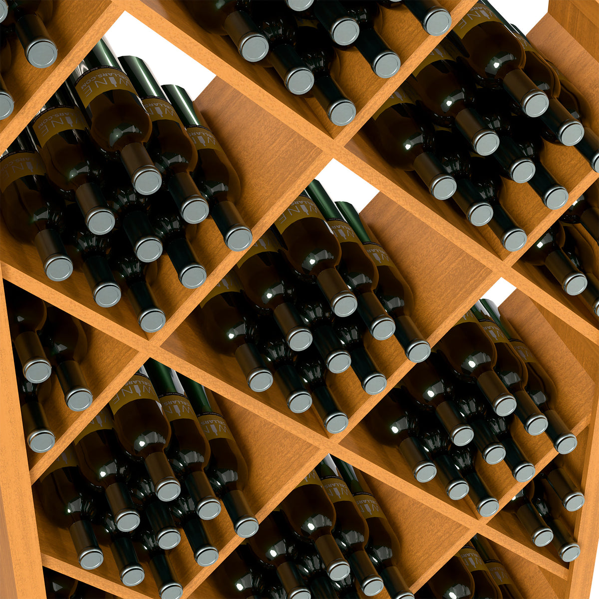 Wine bottles arranged in diamond lattice bottle slots inside a light natural wood 6FT bin