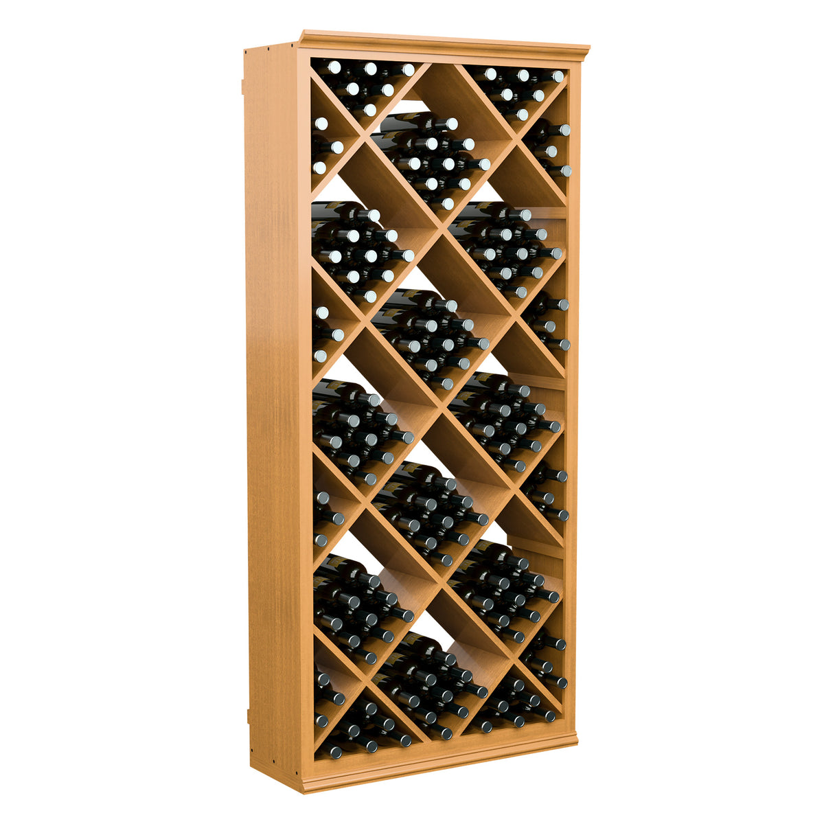 6FT wine storage bin with diamond lattice, filled bottle slots, white painted wood frame