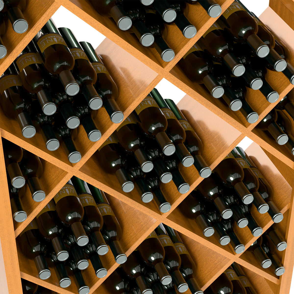 Wine bottles in diamond lattice bottle slots inside a white wood 6FT storage bin