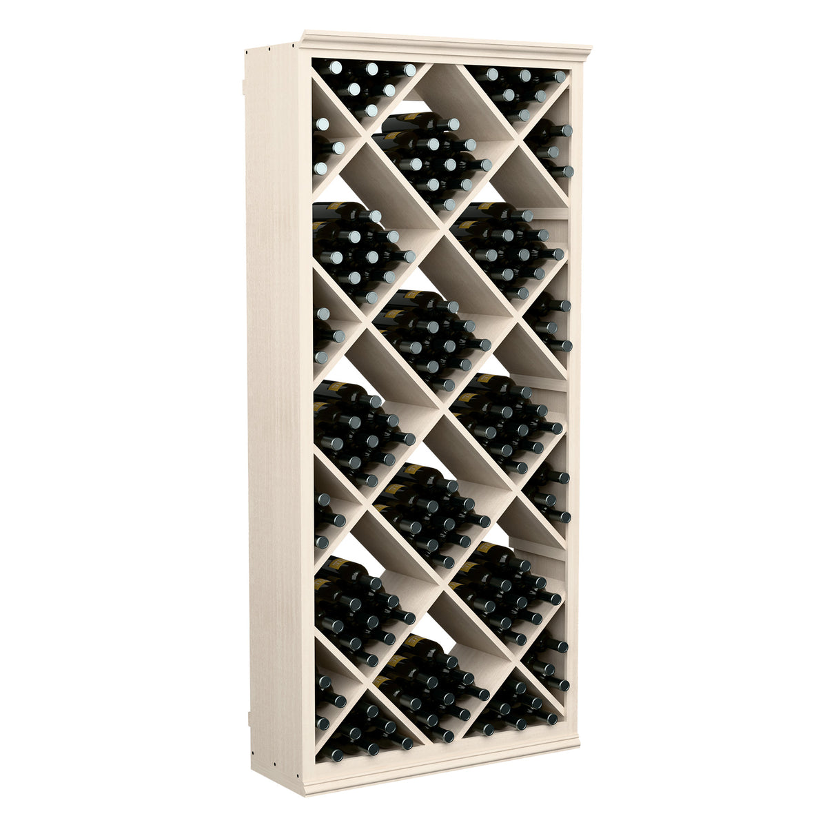6FT wine storage bin with diamond lattice, filled bottle slots, off-white painted wood frame