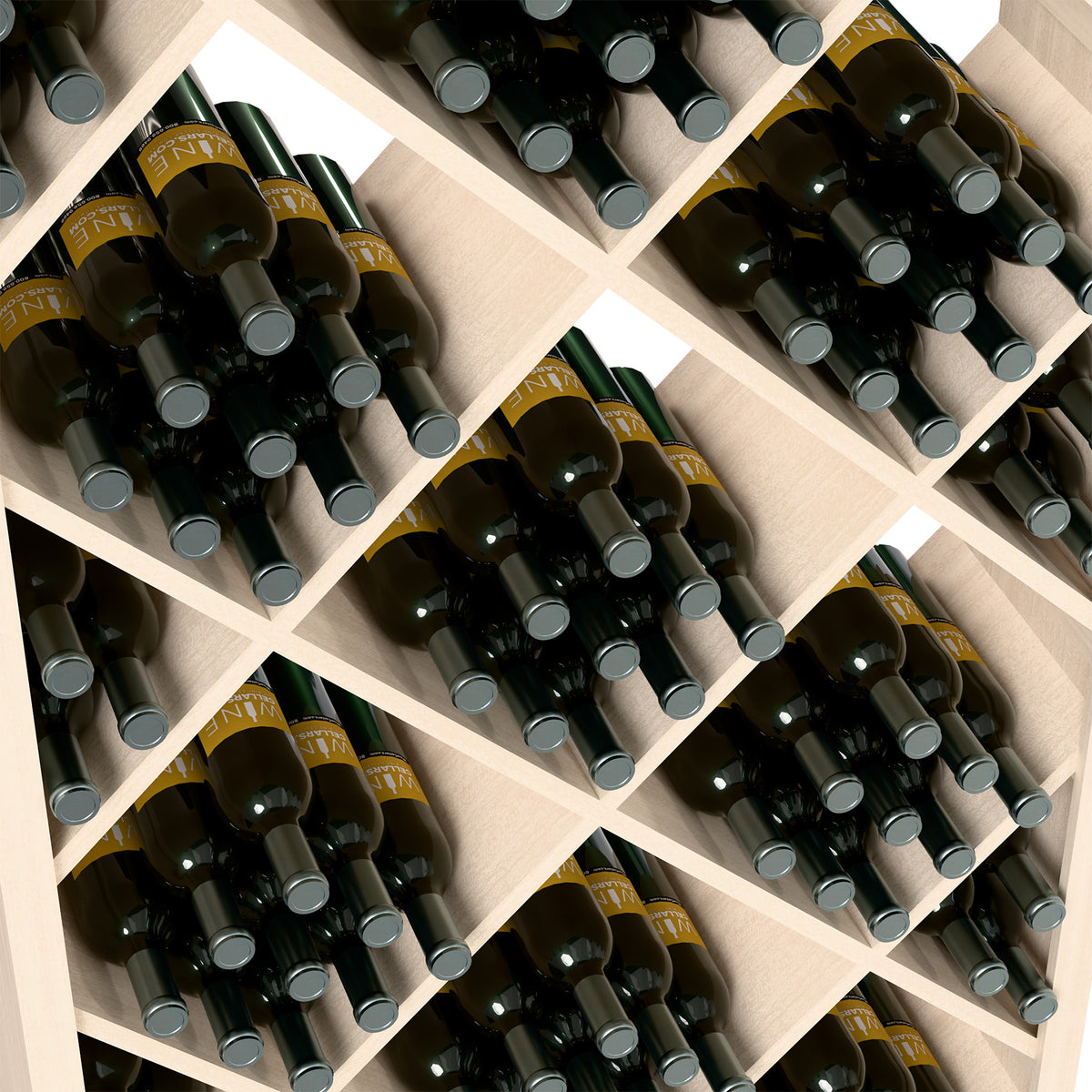 Wine bottles arranged in diamond lattice bottle slots inside an off-white 6FT bin