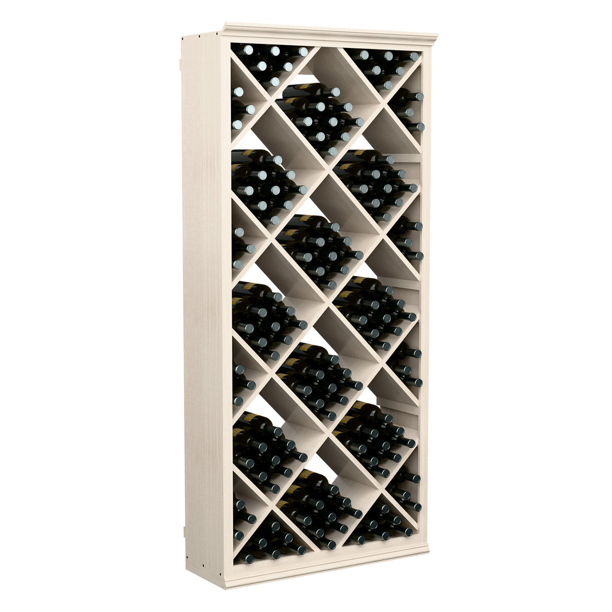 6FT wine storage bin with diamond lattice, filled bottle slots, white painted wood frame