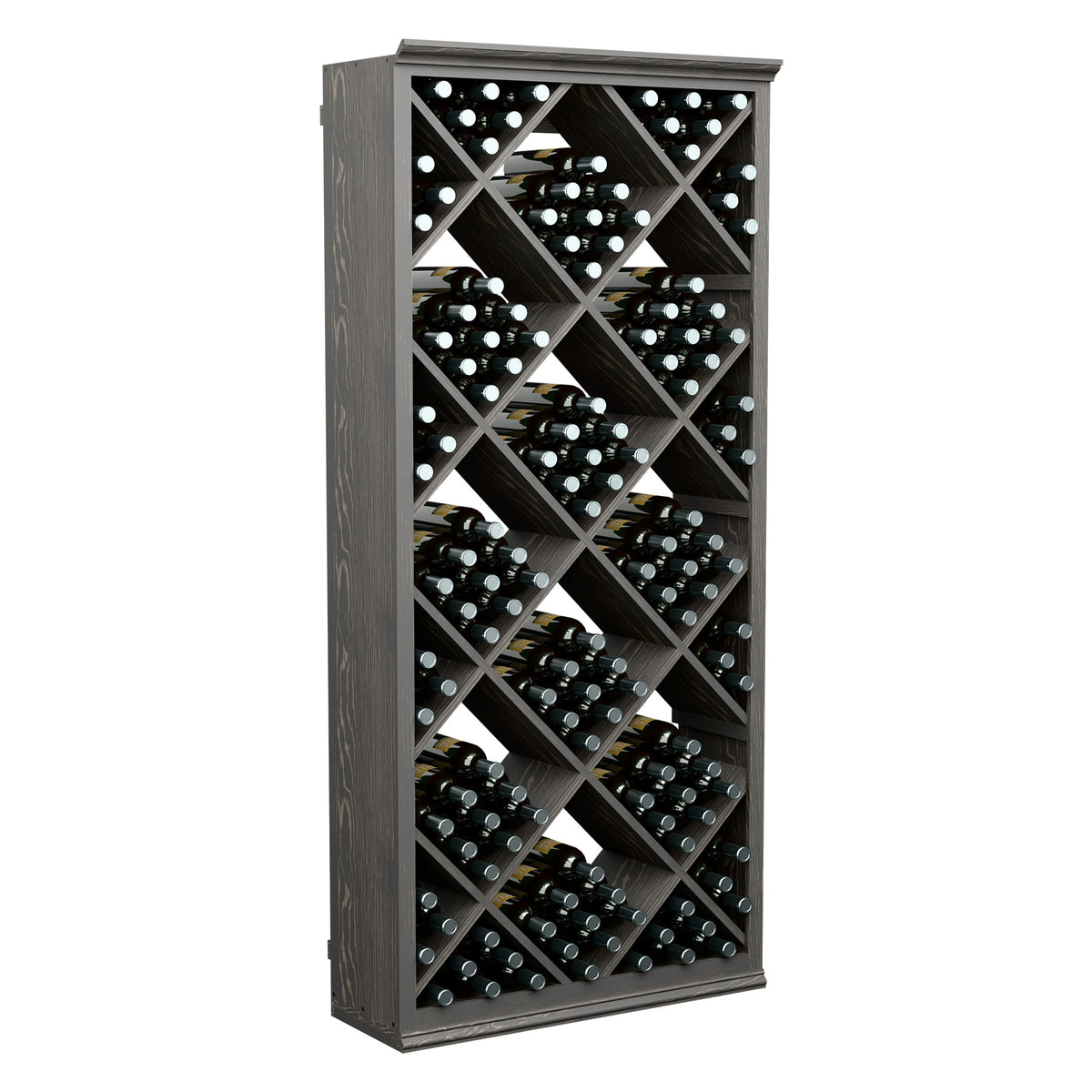 Wood wine bottle storage bin with diamond crisscross dividers, holding multiple bottles