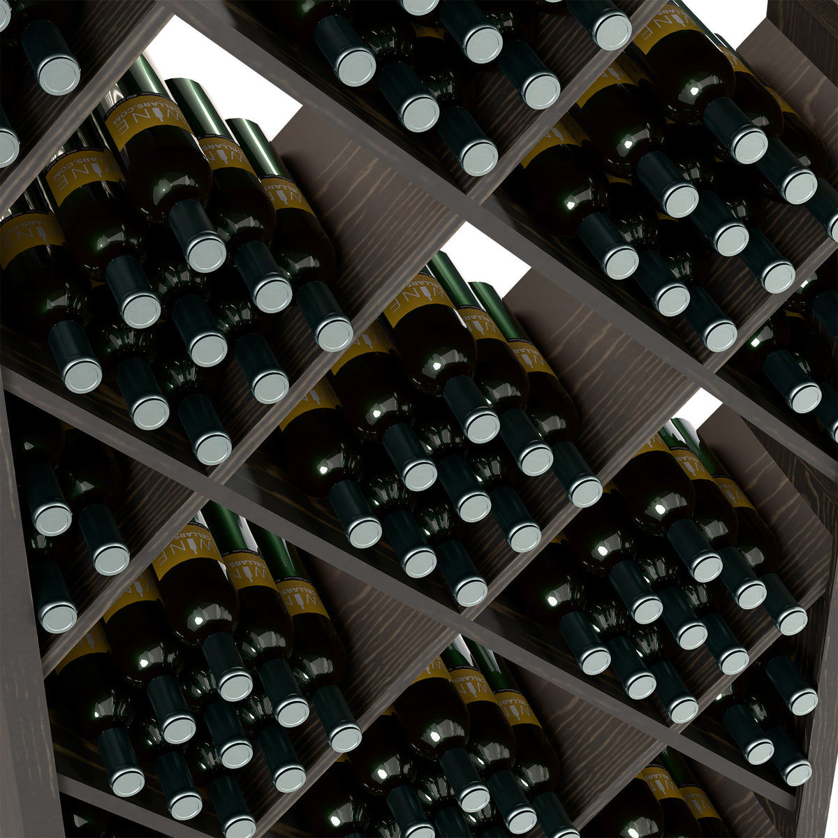 Wine bottle storage bin close-up with diamond wooden slots and filled bottle compartments