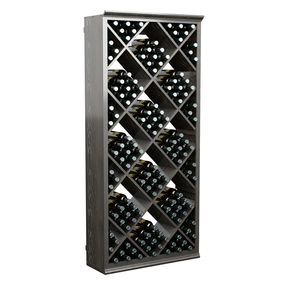 Wood wine bottle storage bin with diamond lattice front and bottle storage slots