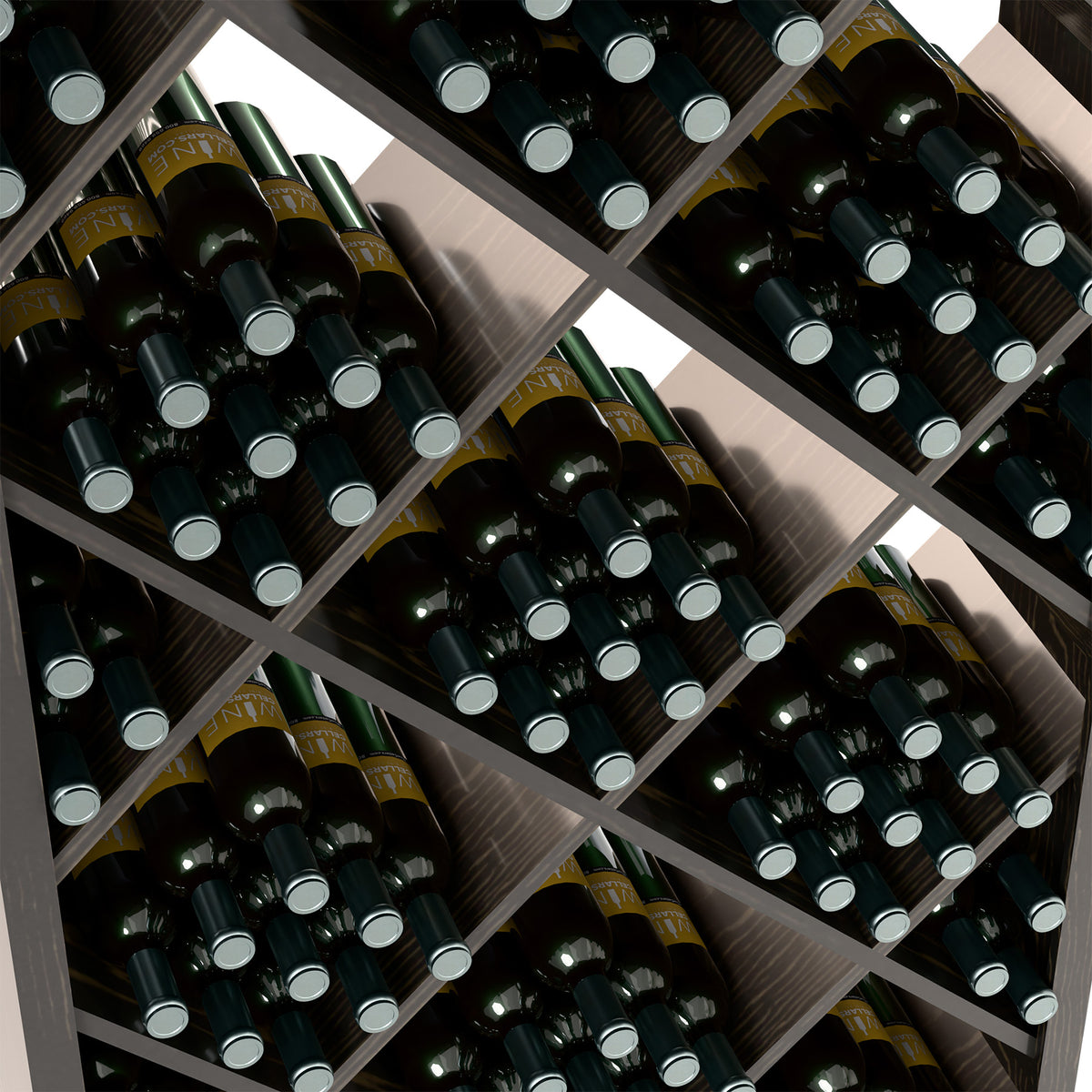 Wine bottle storage bin close-up with filled compartments and diamond crisscross dividers