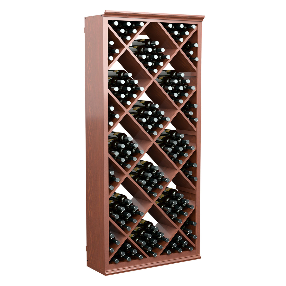 Wine bottle storage bin with red-brown diamond lattice and bottle storage slots