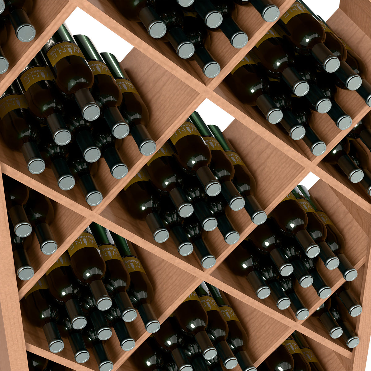 Wine bottle storage bin close-up with diamond compartments in light wood and filled bottles