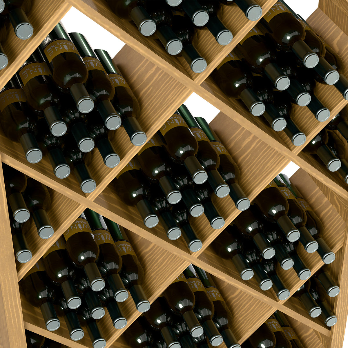 Close-up of light wood diamond wine rack with angled rows of dark bottles and silver caps