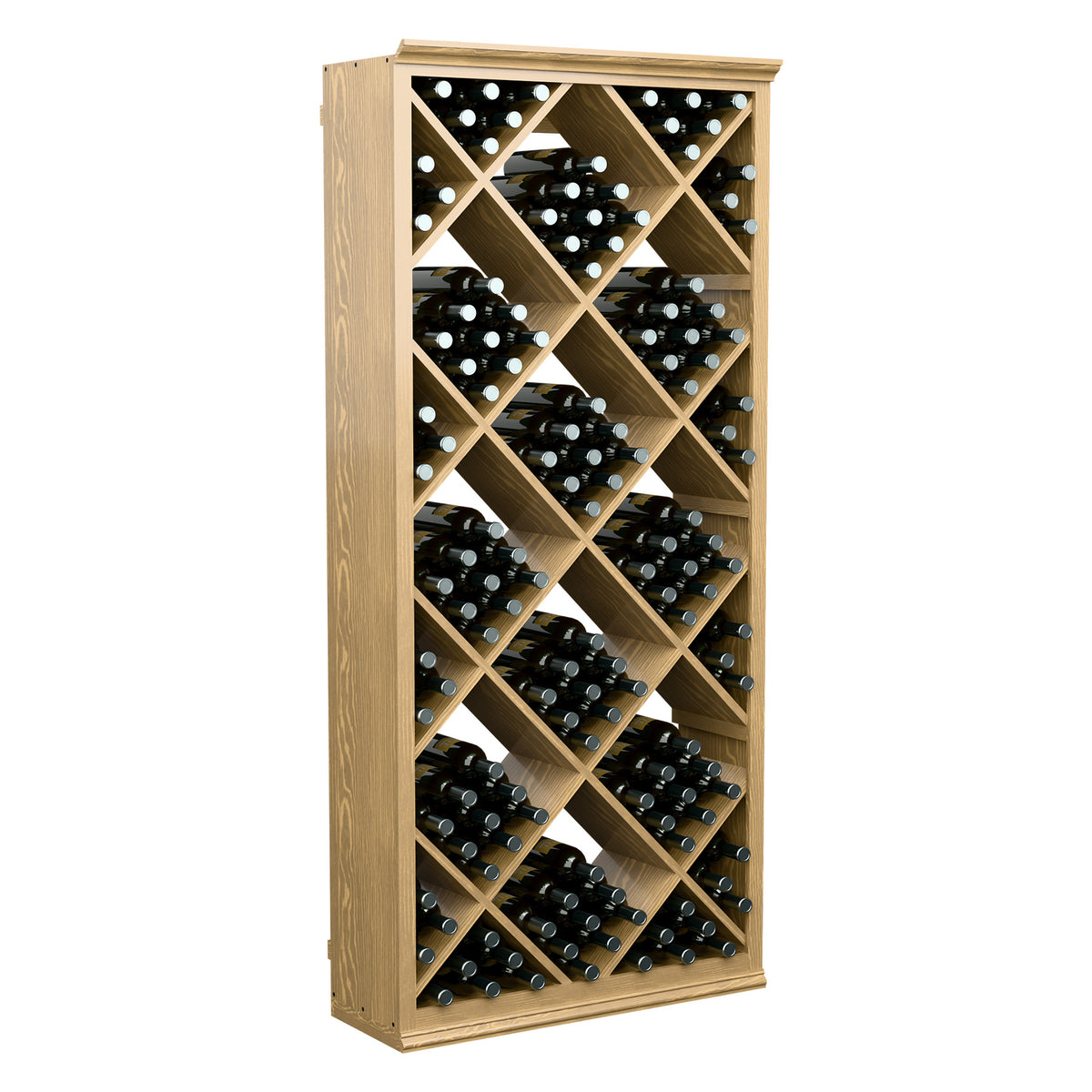 Light wood wine bottle storage cabinet featuring a diamond lattice grid for dark bottles