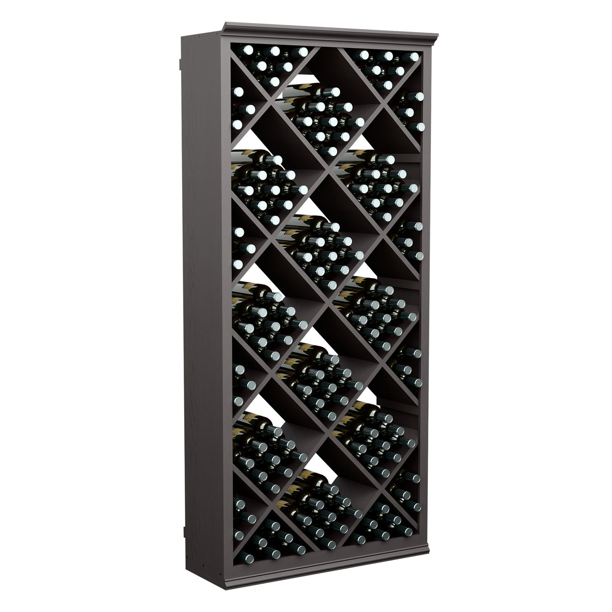 Dark stained wine bottle storage cabinet with diamond lattice shelves holding dark bottles