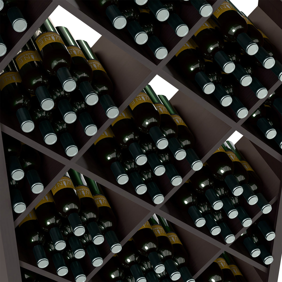 Close-up of dark diamond lattice wine rack with rows of dark bottles and silver caps