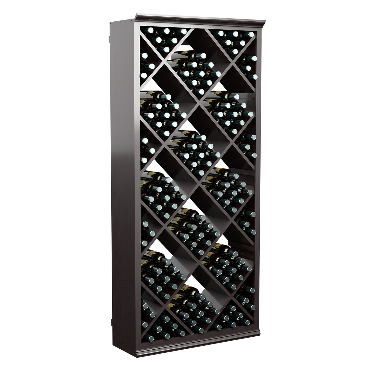 Front view of dark stained wine bottle storage cabinet with diamond lattice for dark bottles
