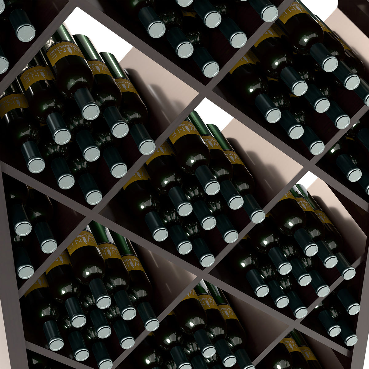 Close-up of dark diamond wine rack with angled rows of dark bottles and silver bottle caps