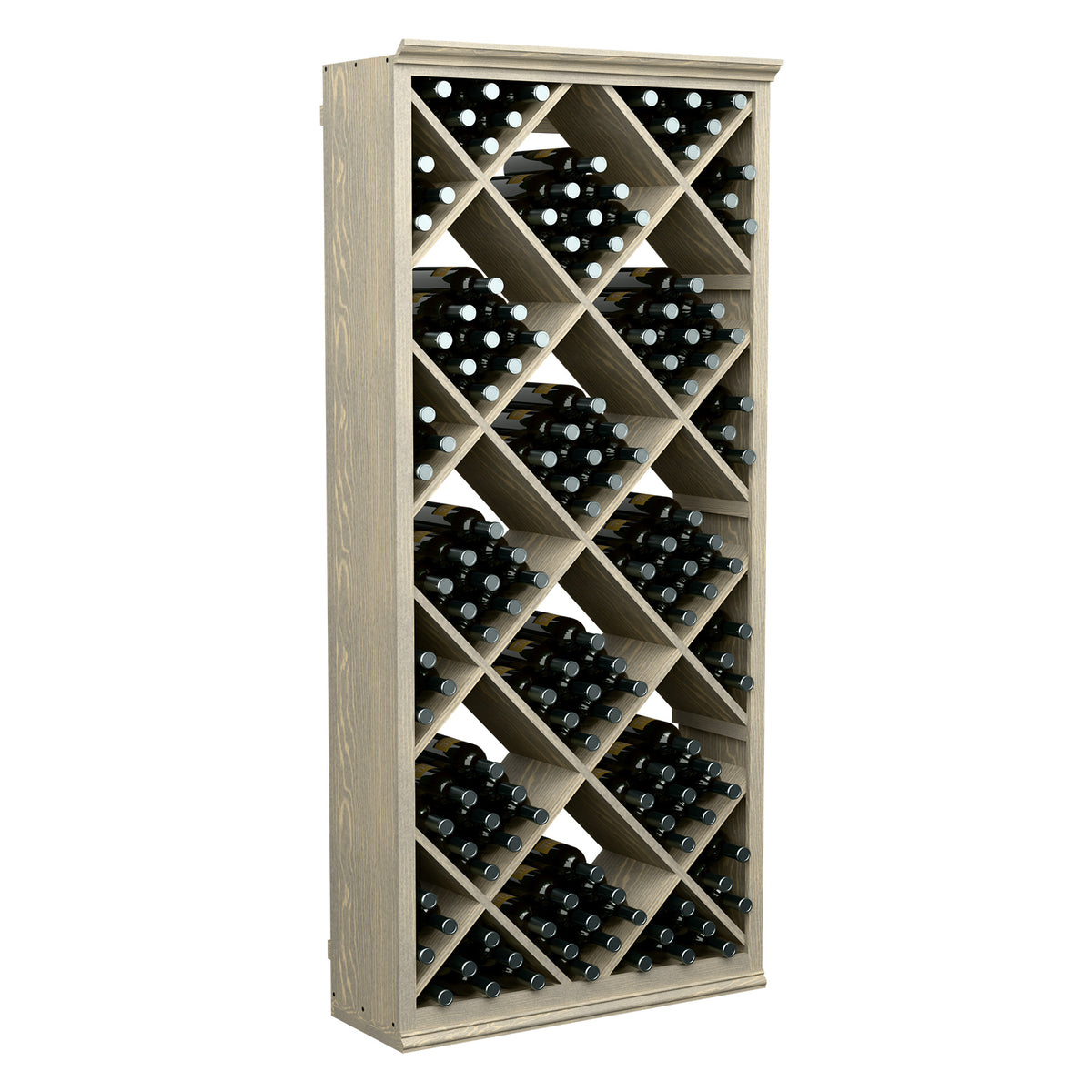 Wine bottle storage bin with diamond lattice shelves, light wood frame, 6-ft tall.