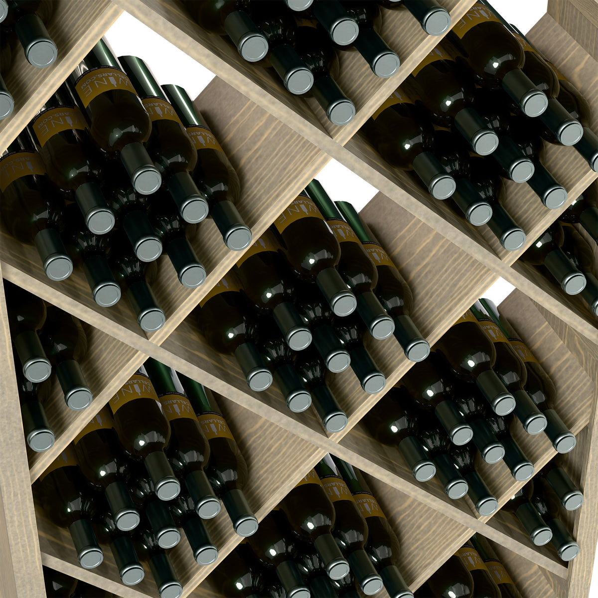 Wine bottle storage bin close-up: diamond lattice wooden grid with dark bottles.