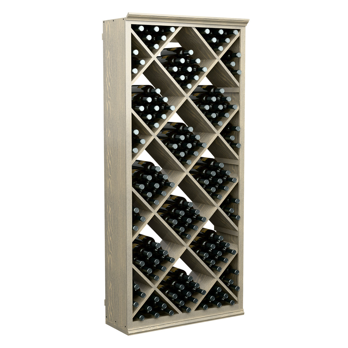Wine bottle storage bin with diamond lattice shelves, light wood frame, front view, 6-ft.