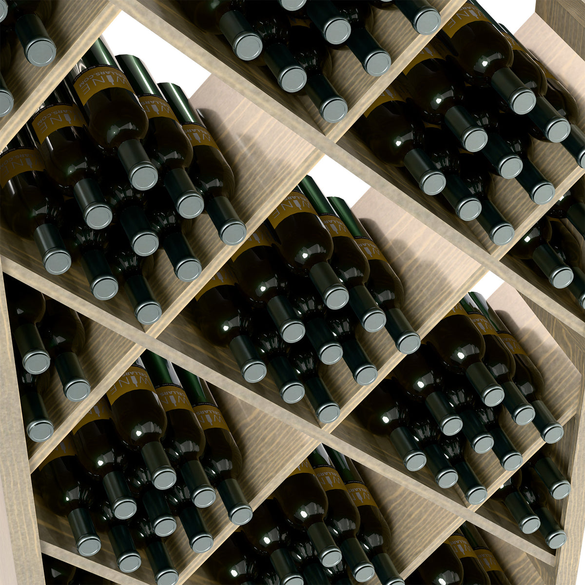 Wine bottle storage bin close-up showing diamond lattice shelves holding dark bottles.
