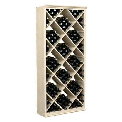 Wine bottle storage bin with diamond lattice shelves, light wood, full front view, 6-ft.