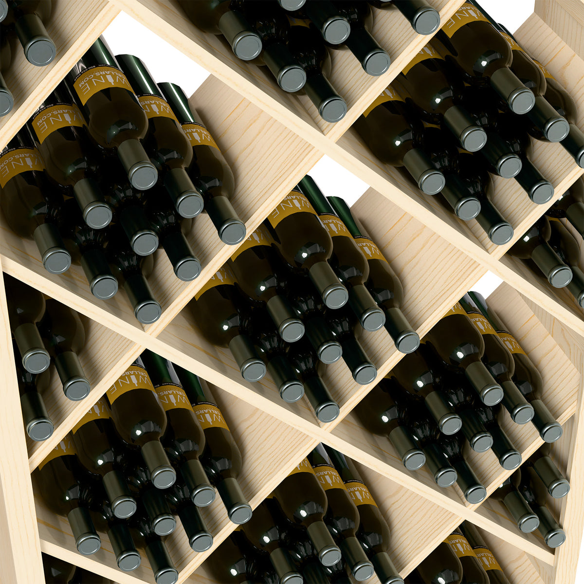 Wine bottle storage bin close-up: diamond lattice grid with rows of dark bottles.