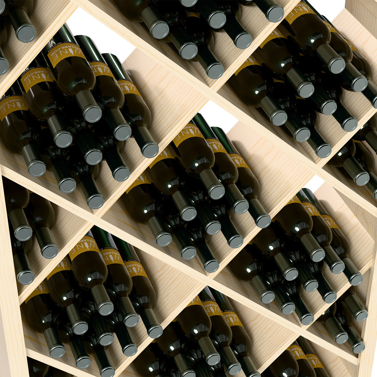 Wine bottle storage bin close-up: light wood diamond grid with dark wine bottles.