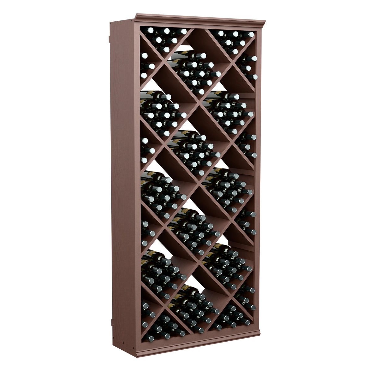 Wine bottle storage bin with diamond lattice shelves, dark stained wood frame, 6-ft tall.
