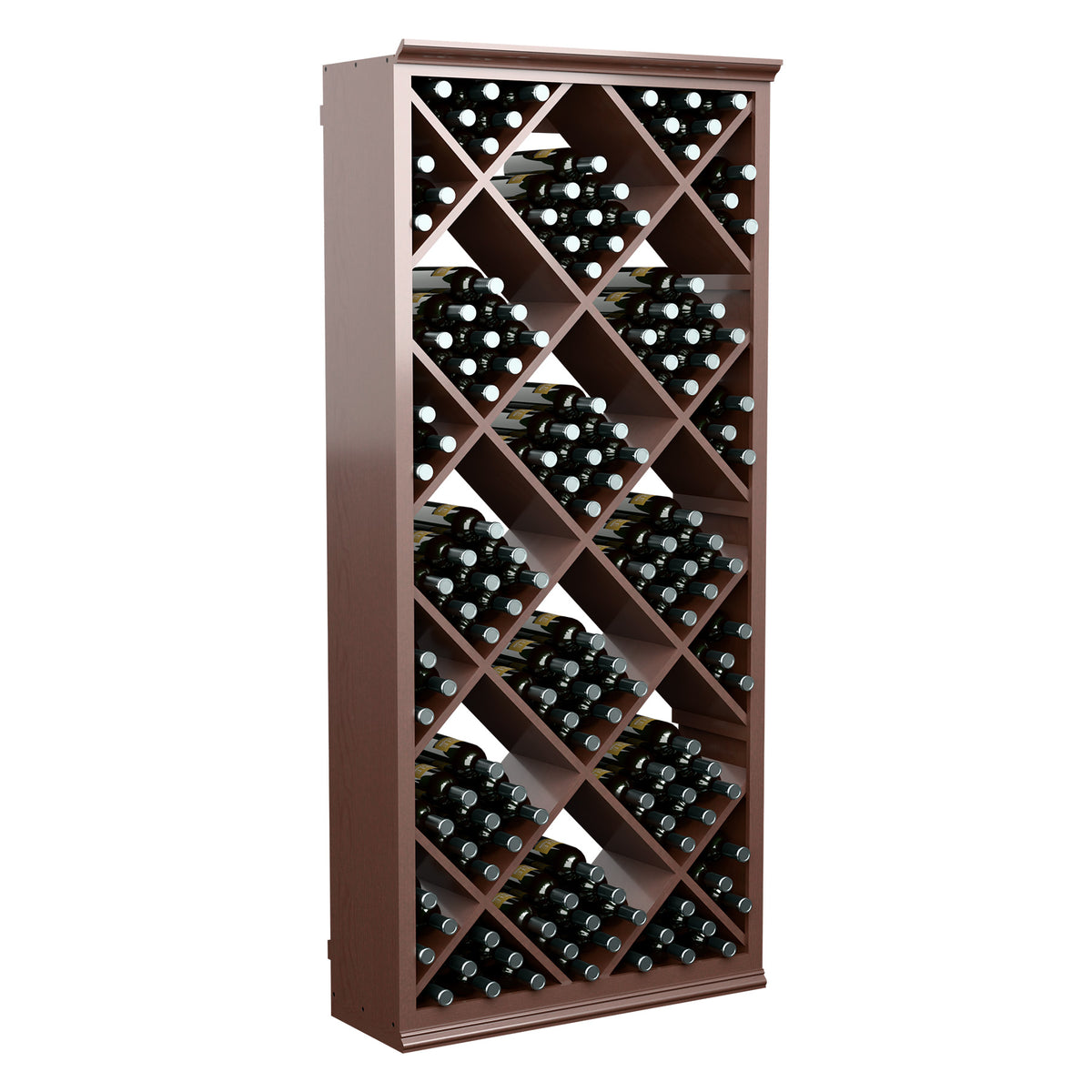 Wood wine bottle storage bin with diamond lattice and multiple bottle slots
