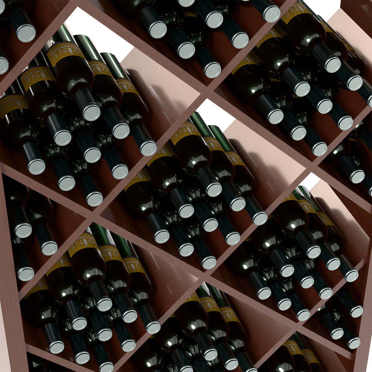 Close-up of wine bottle slots in a diamond lattice wine storage bin