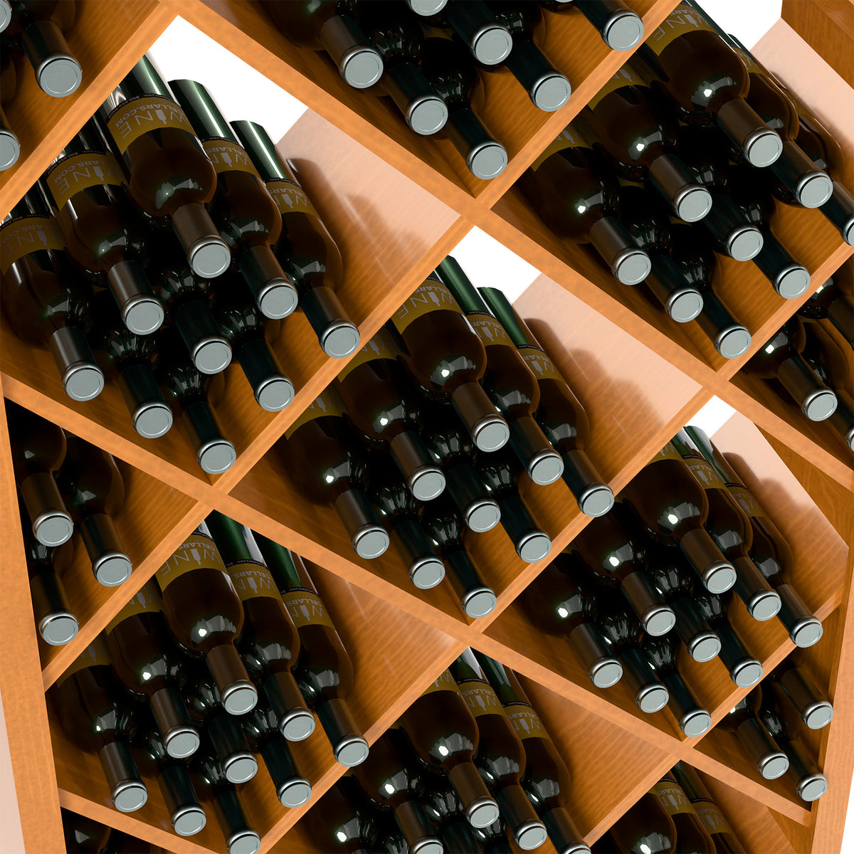 Close-up of wine bottles arranged in diamond lattice bottle compartments