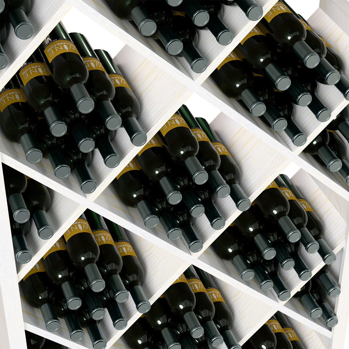 Close-up of wine bottles in a white diamond lattice storage bin with slots